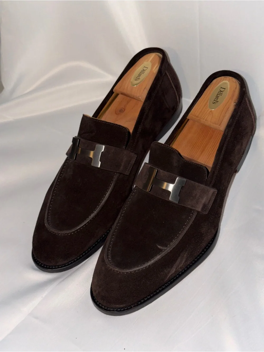 Hermes Men's Suede Loafers in Dark Brown with Metal H Buckle - Honore loafer